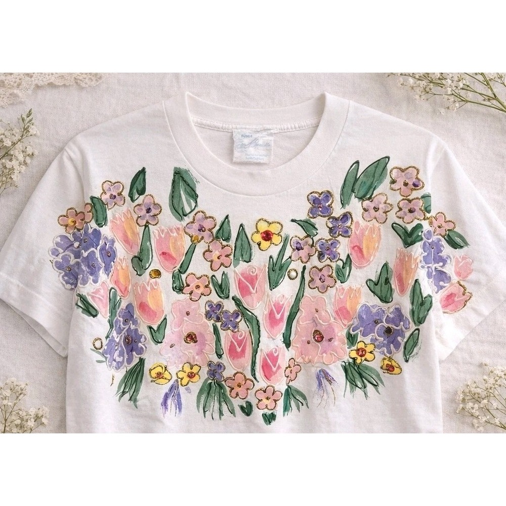 Hand Painted Floral T Shirt Single Stitch Vtg USA Rhinestone Art Tee OSFA M/L - Picture 1 of 8
